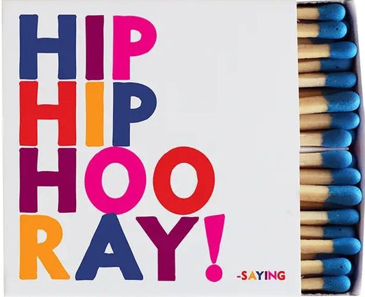 Match book with colorful cover that says "Hip Hip Hooray" with coordinating colorful match tips.